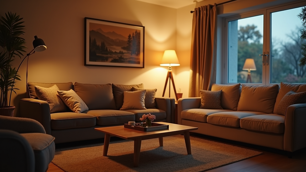 Eye-level view of a cozy living room with warm lighting