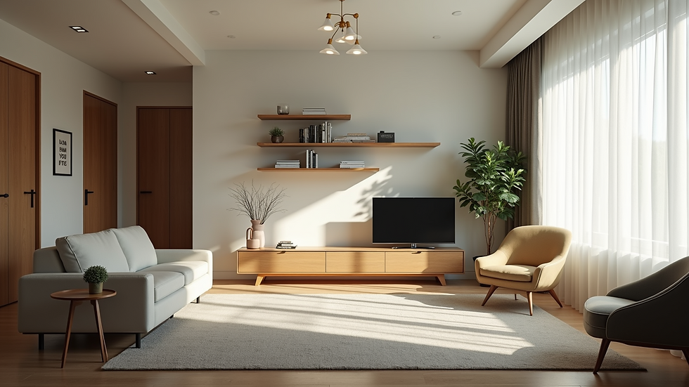 Eye-level view of a compact living room with vertical shelves and multipurpose furniture