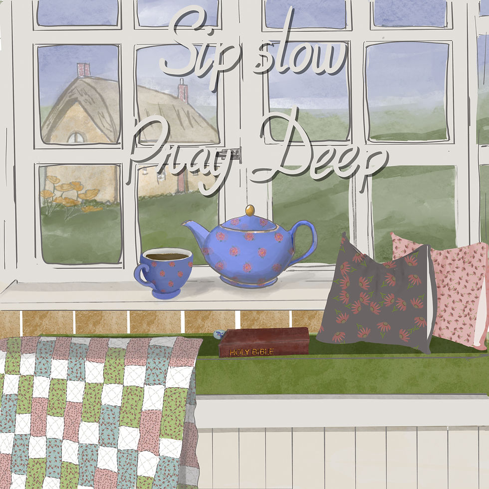 Sip Slow, Pray Deep cottage-style artwork reminding readers to slow down and pray.