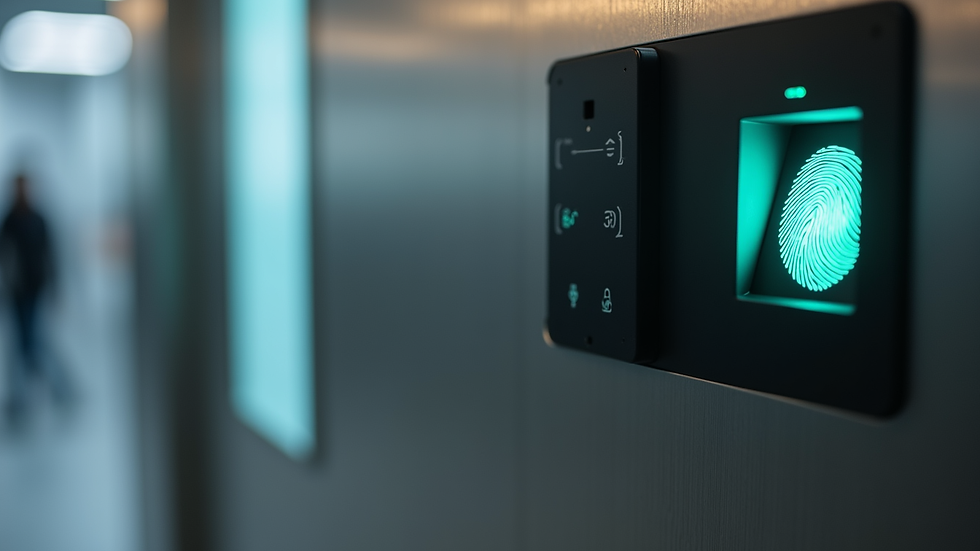 Close-up view of a biometric fingerprint scanner on an office door