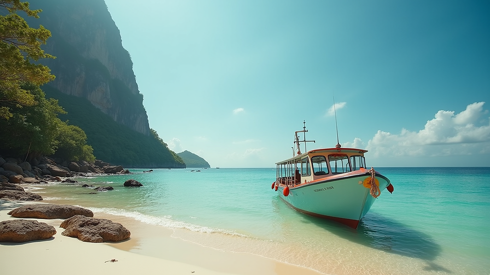 Eye-level view of a boat docked near a tropical beach in Paraty
