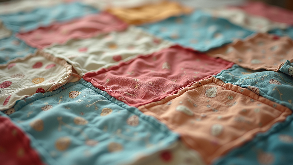 Close-up view of a handcrafted memory quilt made from various fabrics