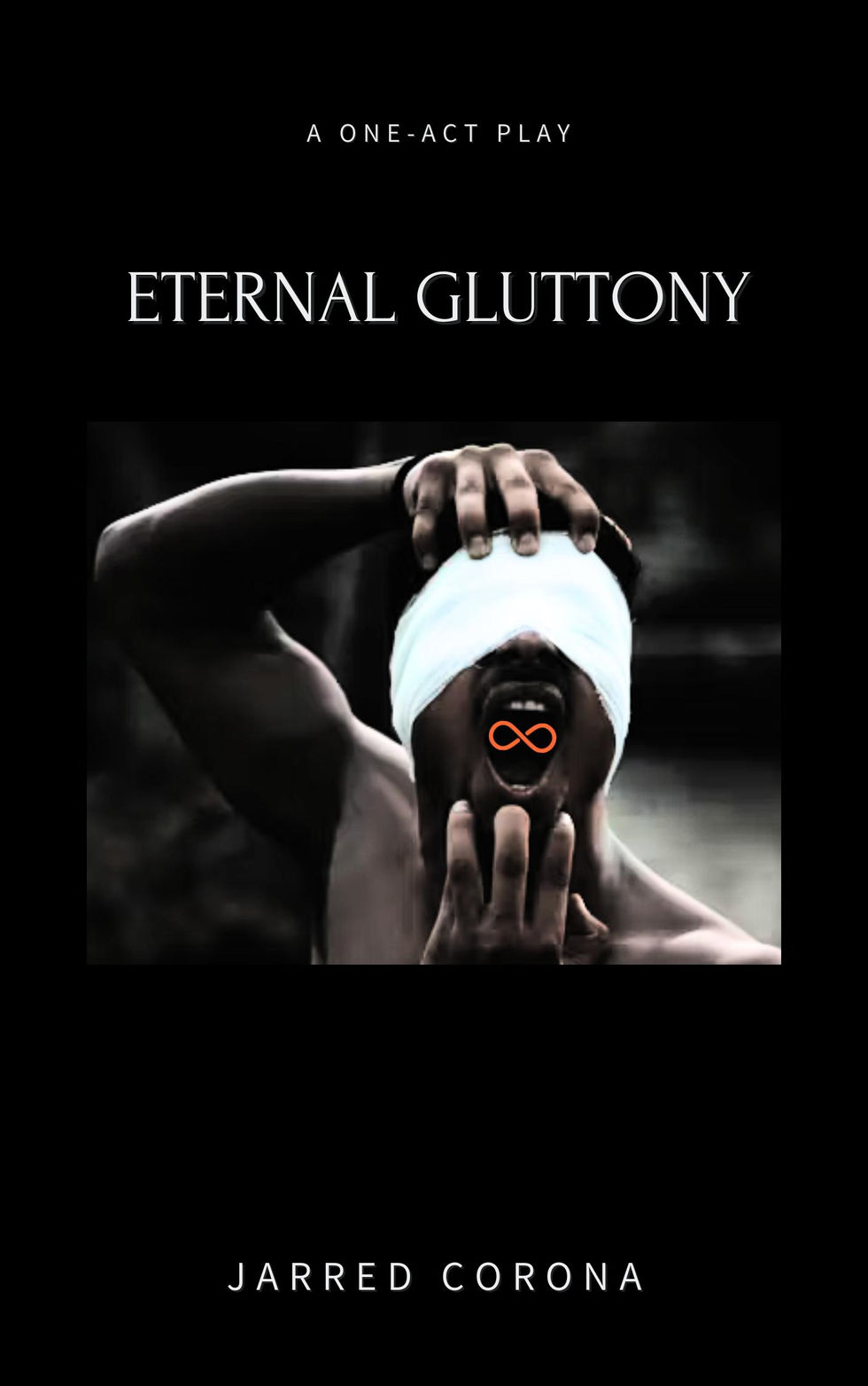 A blindfolded man holds an infinity symbol in his mouth.