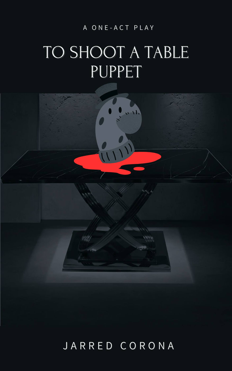 A sock puppet sits in a pool of blood on a table.
