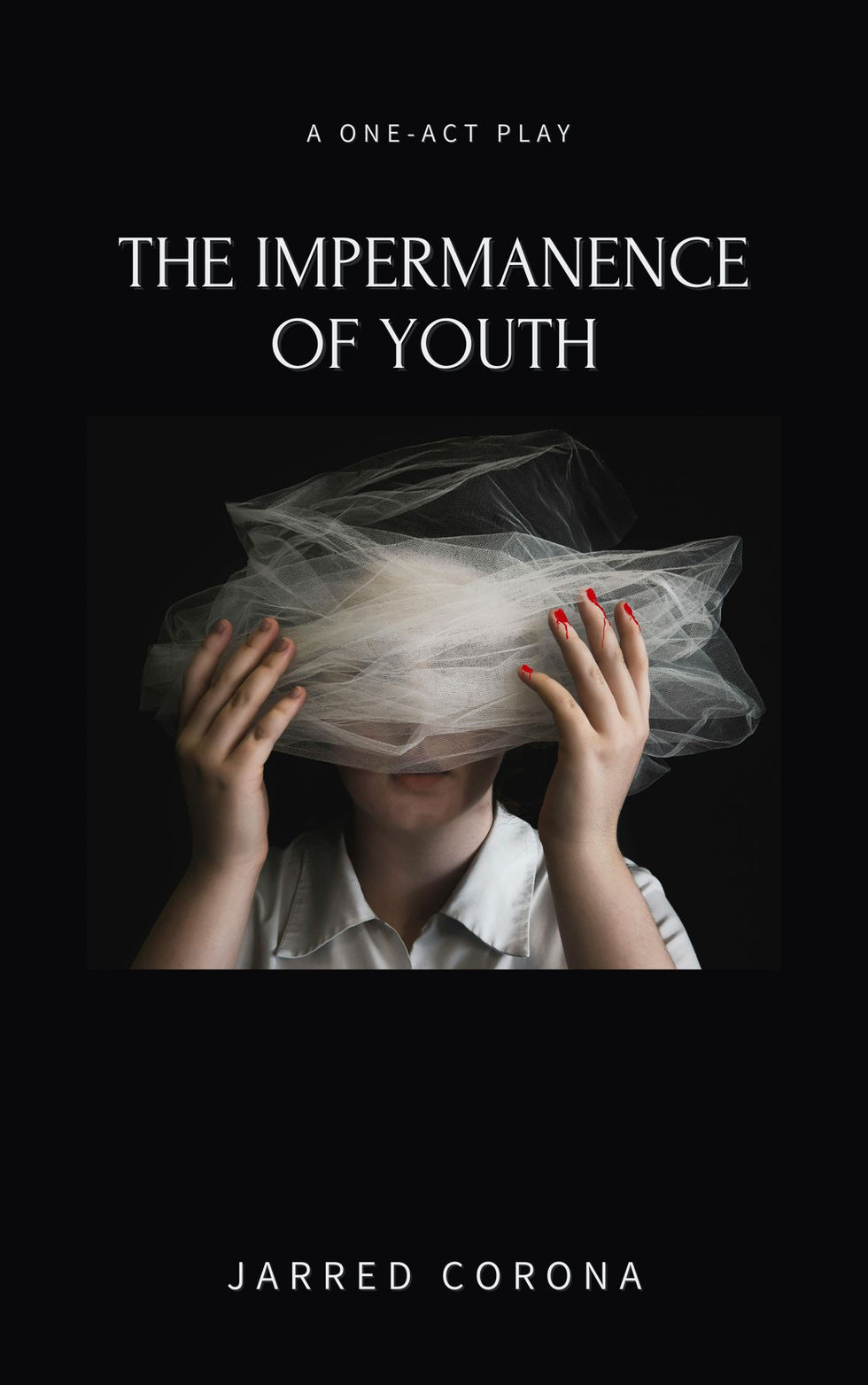 A woman holds a blindfold to her face while blood leaks from her nailbeds.