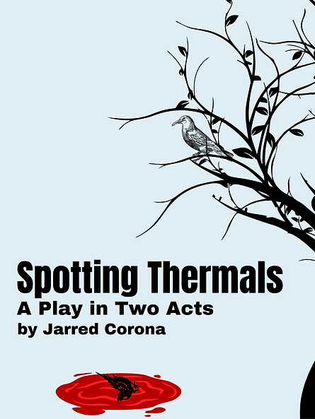 Poster for "Spotting Thermals." A bird lays in a puddle of blood beneath a barren tree.