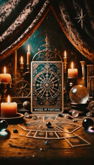 An atmospheric and mystical setting featuring the Wheel of Fortune tarot card prominently displayed on a wooden table. The tableau includes flickering candles, a crystal ball, scattered gemstones, and other arcane artifacts, creating a rich, mysterious vibe. The setting is dimly lit with soft ambient lighting and draped with dark velvet curtains, enhancing the magical and occult atmosphere.
