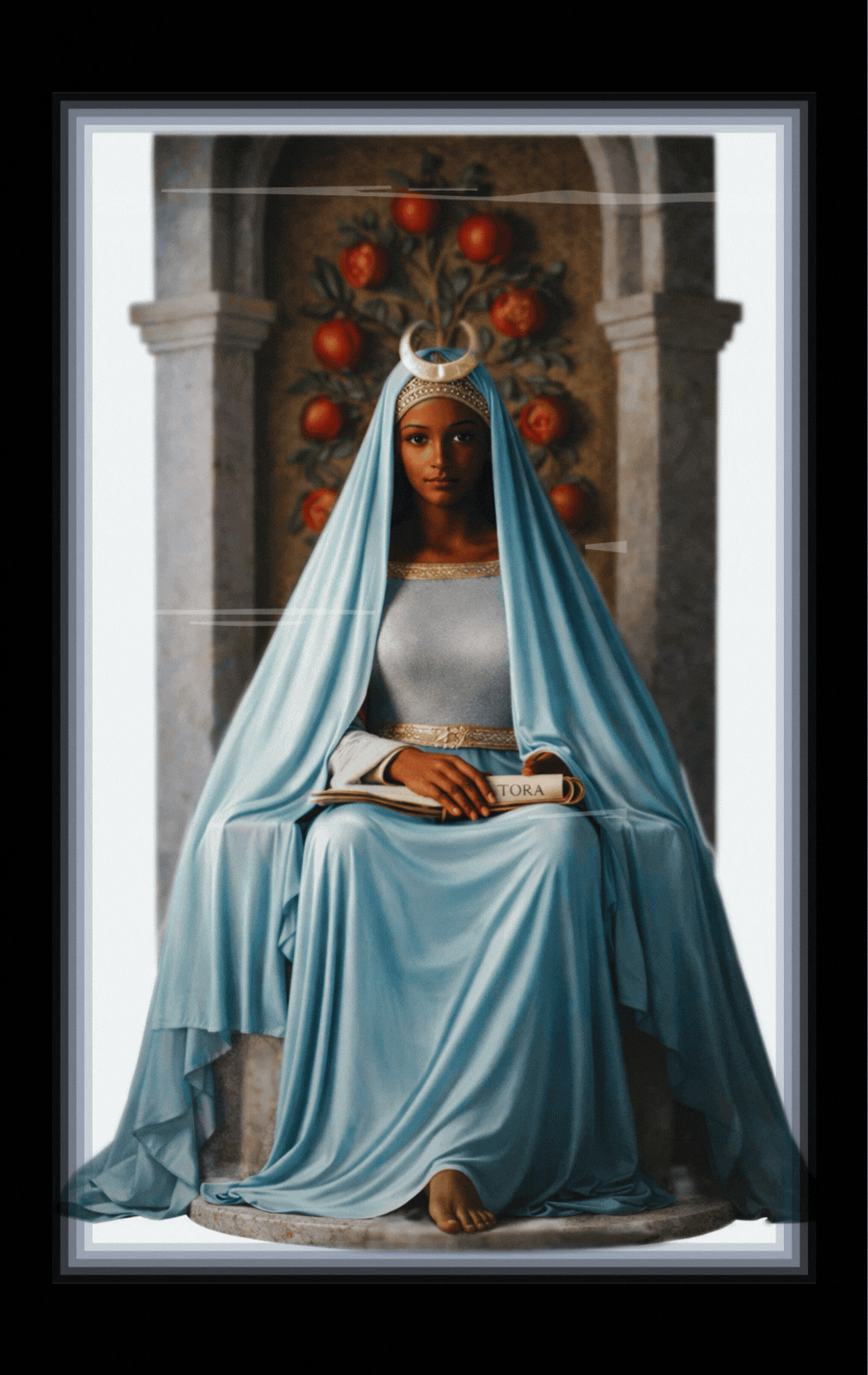 A serene High Priestess figure seated between stone pillars, wearing flowing blue robes and a crescent moon crown, holding a sacred scroll, symbolizing intuition, wisdom, and divine feminine power.