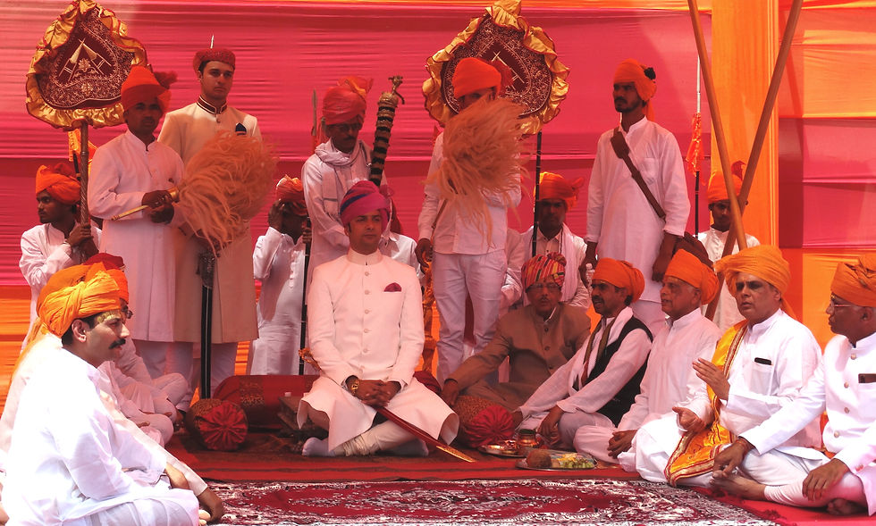 Vanshvardhan Singh seated under the canopy during the Raj Tialk ceremony.