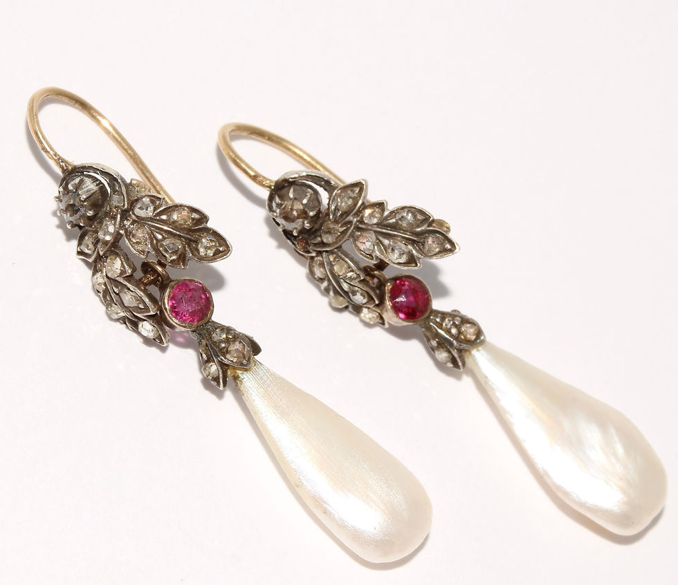 Thumbnail: Antique Victorian Oak Leaf Natural Mississippi River Pearl Ruby Diamond Earrings