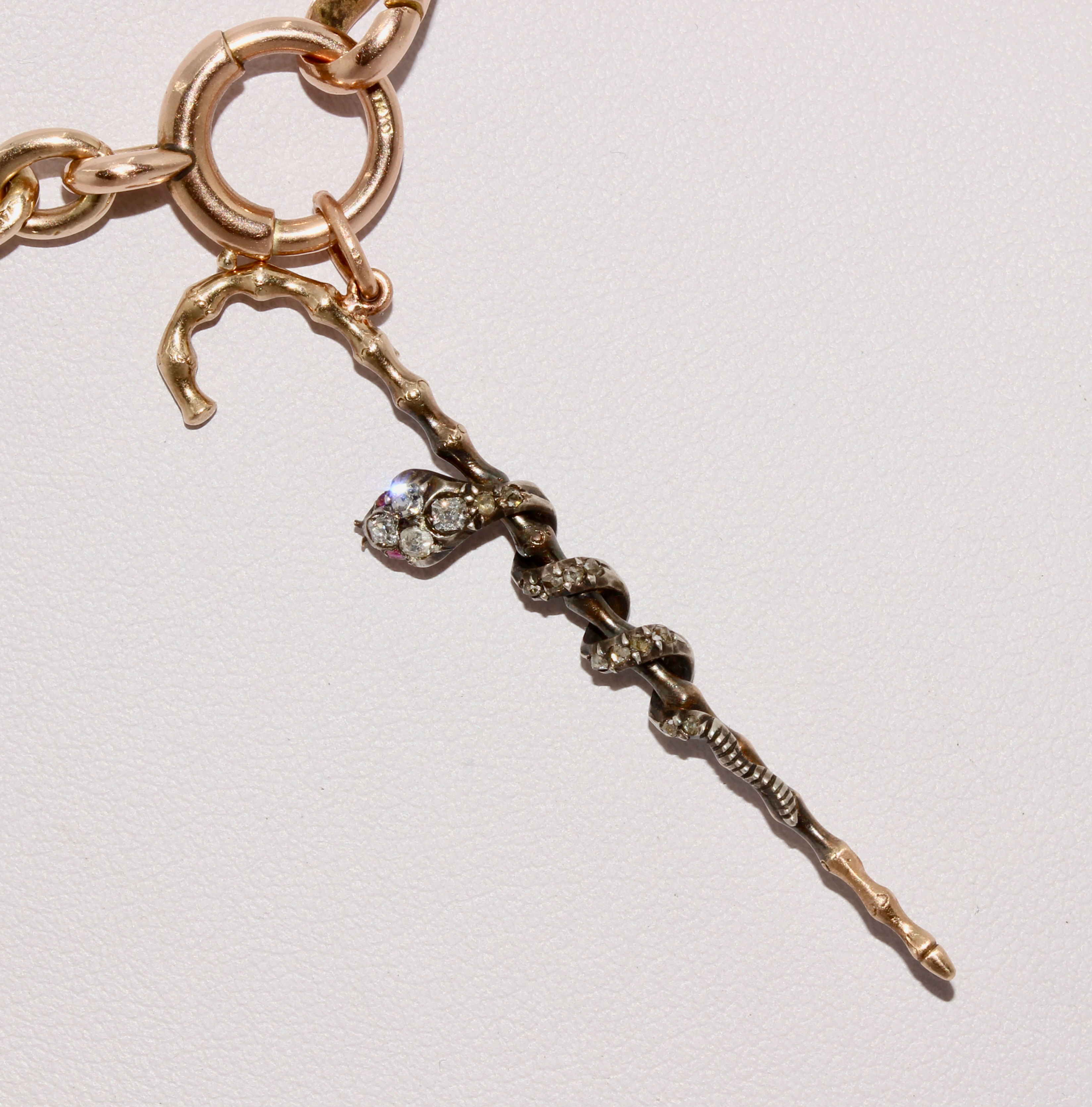Antique Victorian Diamond Ruby Snake On Cane Pendant