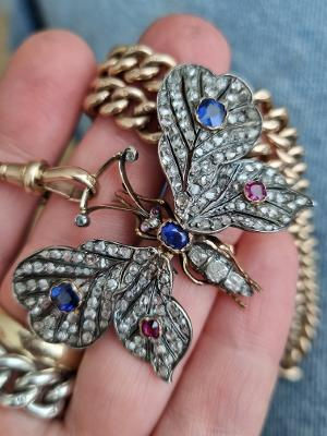 Antique French diamond, sapphire & ruby butterfly #ERAconversion pendant brooch