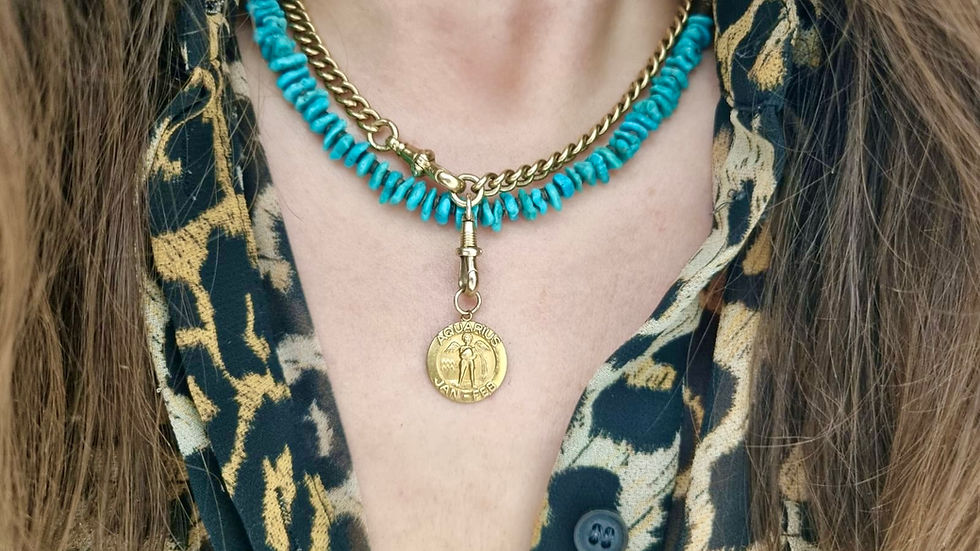 Thumbnail: Mid-Century English 9K Gold Aquarius Zodiac Pendant Charm Dated 1969