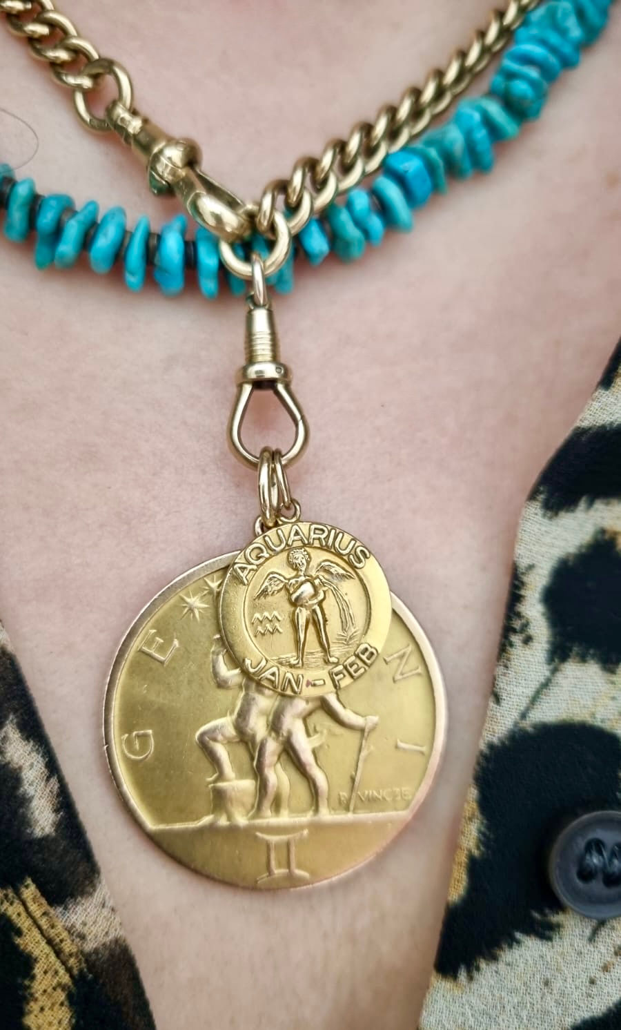 Thumbnail: Mid-Century English 9K Gold Aquarius Zodiac Pendant Charm Dated 1969