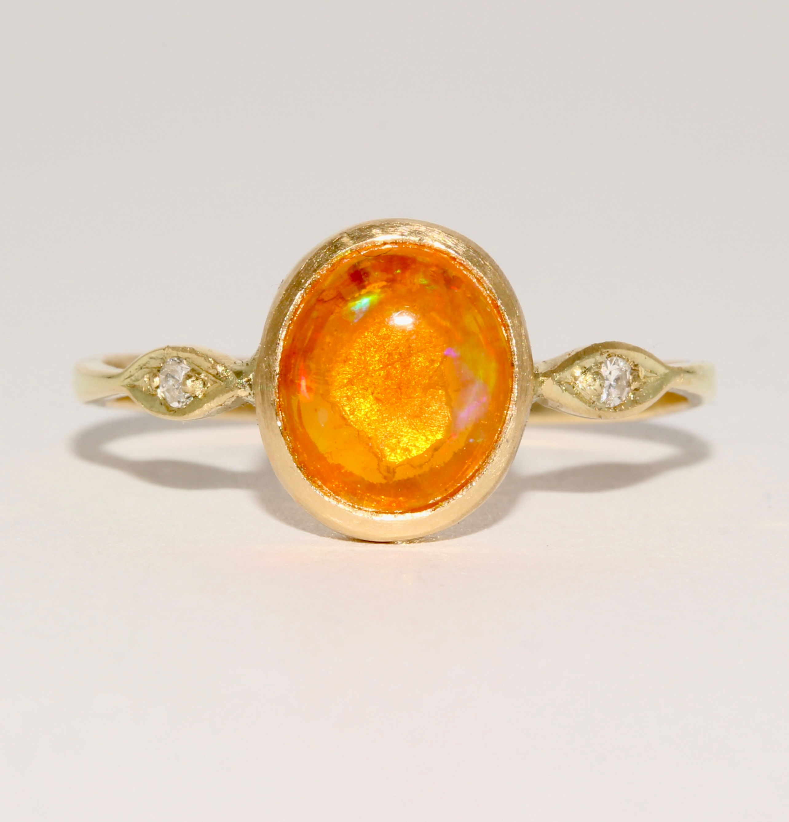 Vintage Natural Mexican Jelly Fire Opal Diamond Trilogy Ring