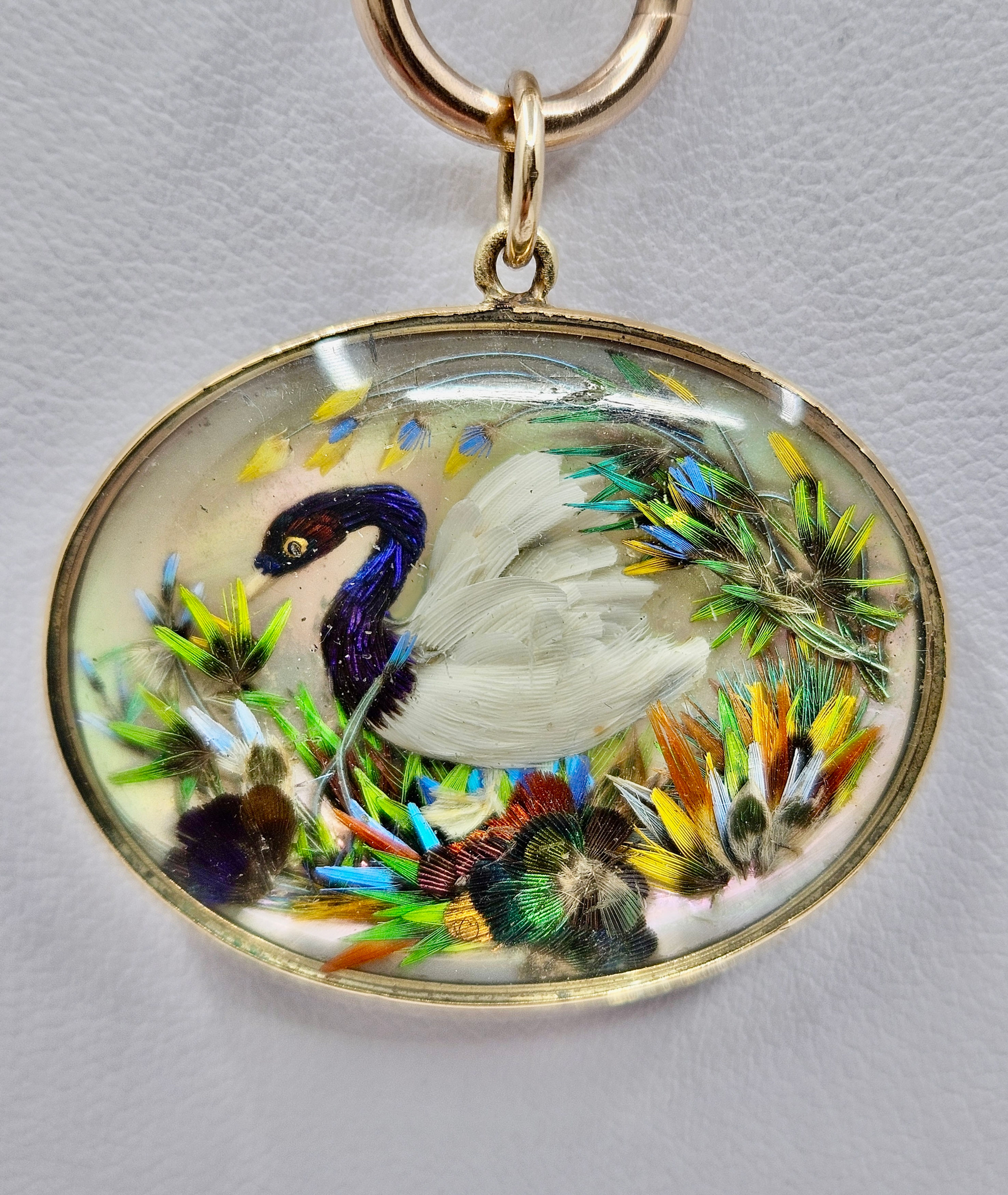 Stunning Antique Victorian Hummingbird Feather Swan Locket Pendant