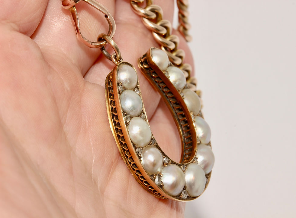 Thumbnail: Antique Victorian Natural Pearl Diamond Horseshoe Pendant