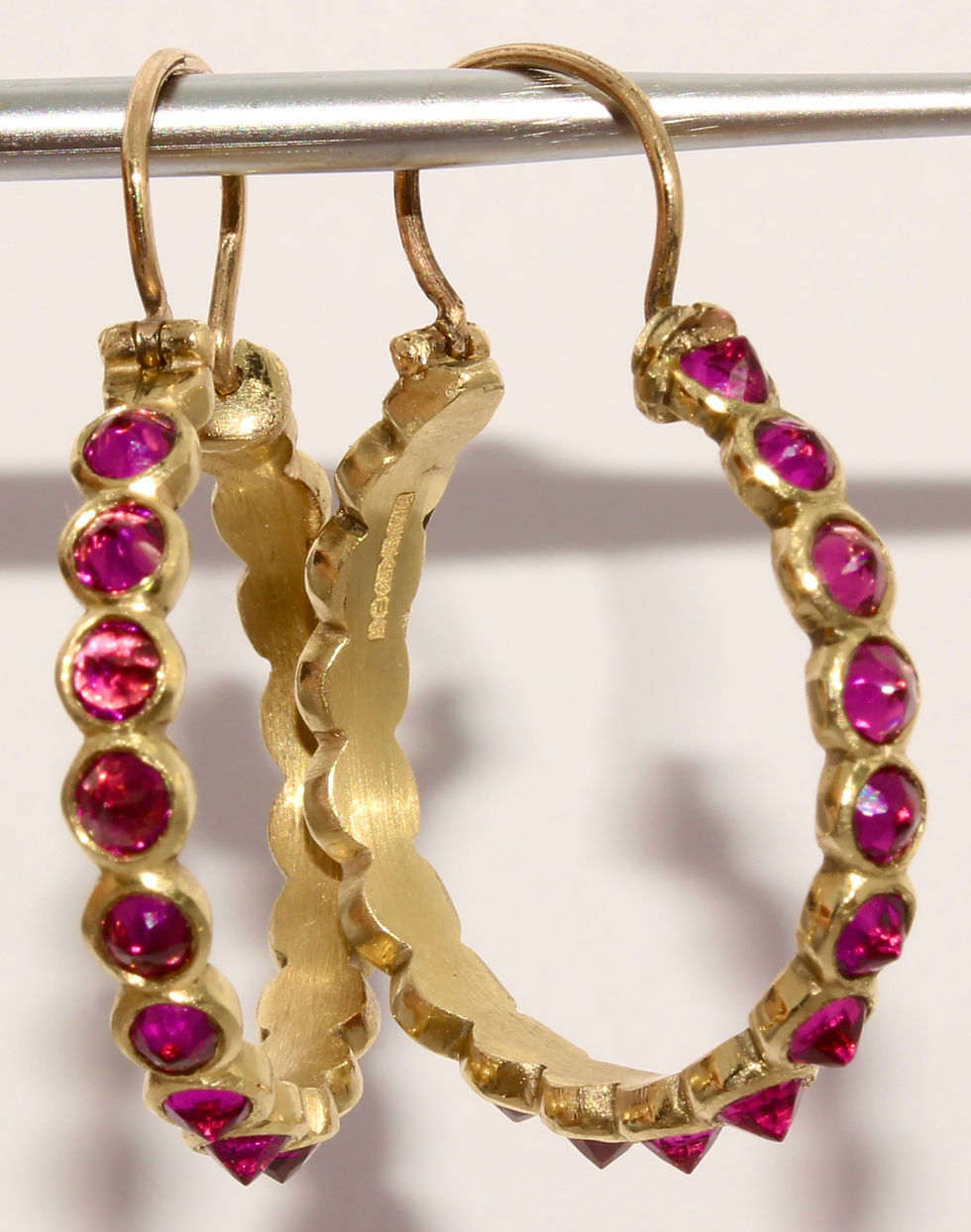 Thumbnail: Contemporary Georgian Inspired ERA 9K Gold Faceted Garnet Hoop Earrings