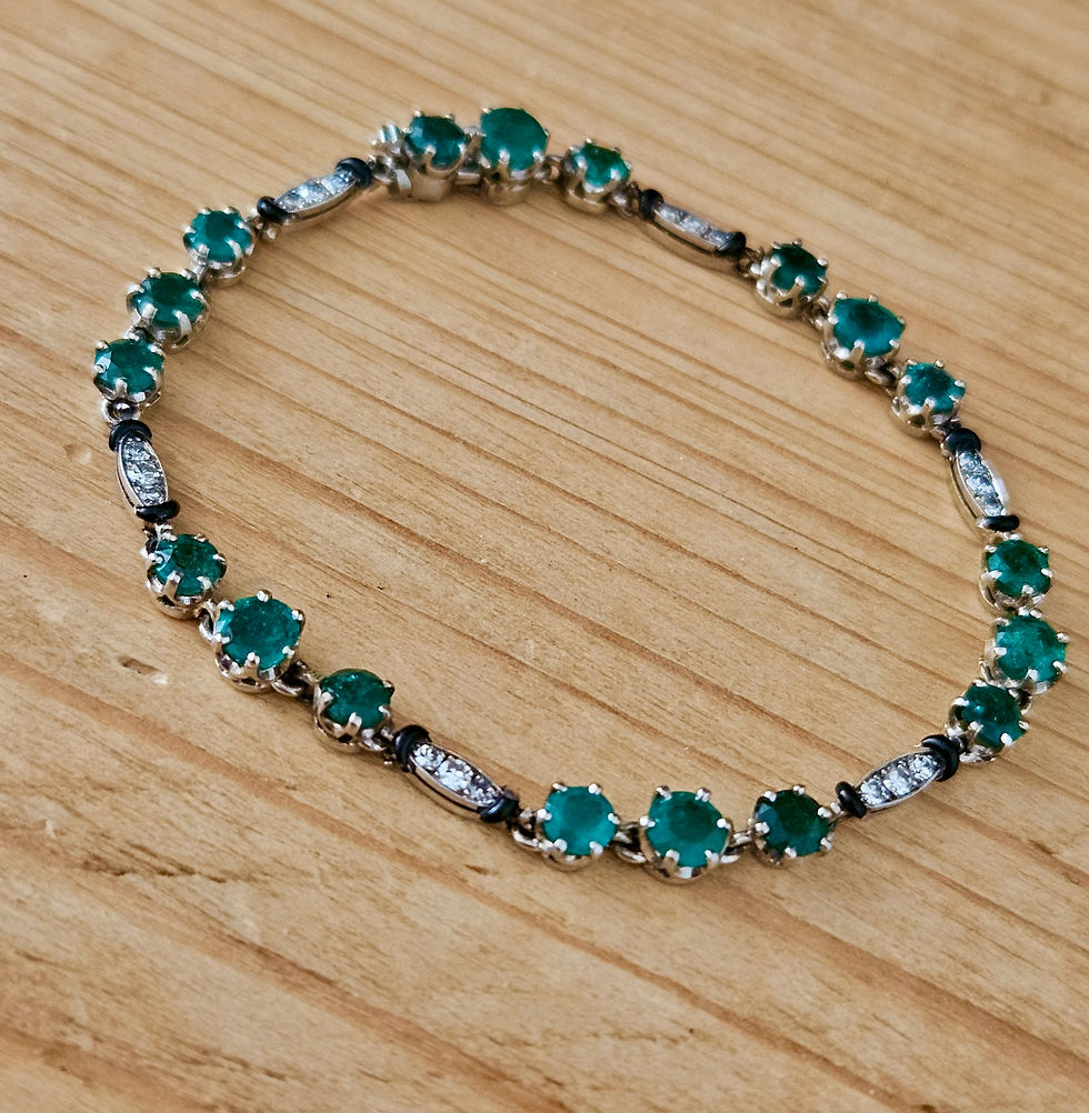 Thumbnail: Art Deco Dutch 14K White Gold Emerald Diamond Enamel Tennis Line Bracelet