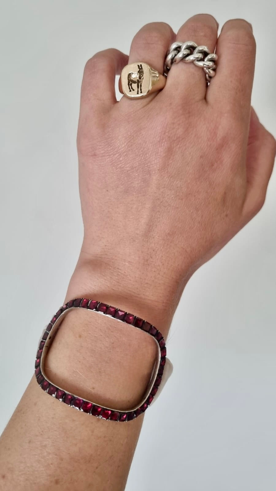 Thumbnail: Antique Georgian Garnet Buckle Conversion Cuff Bangle Bracelet