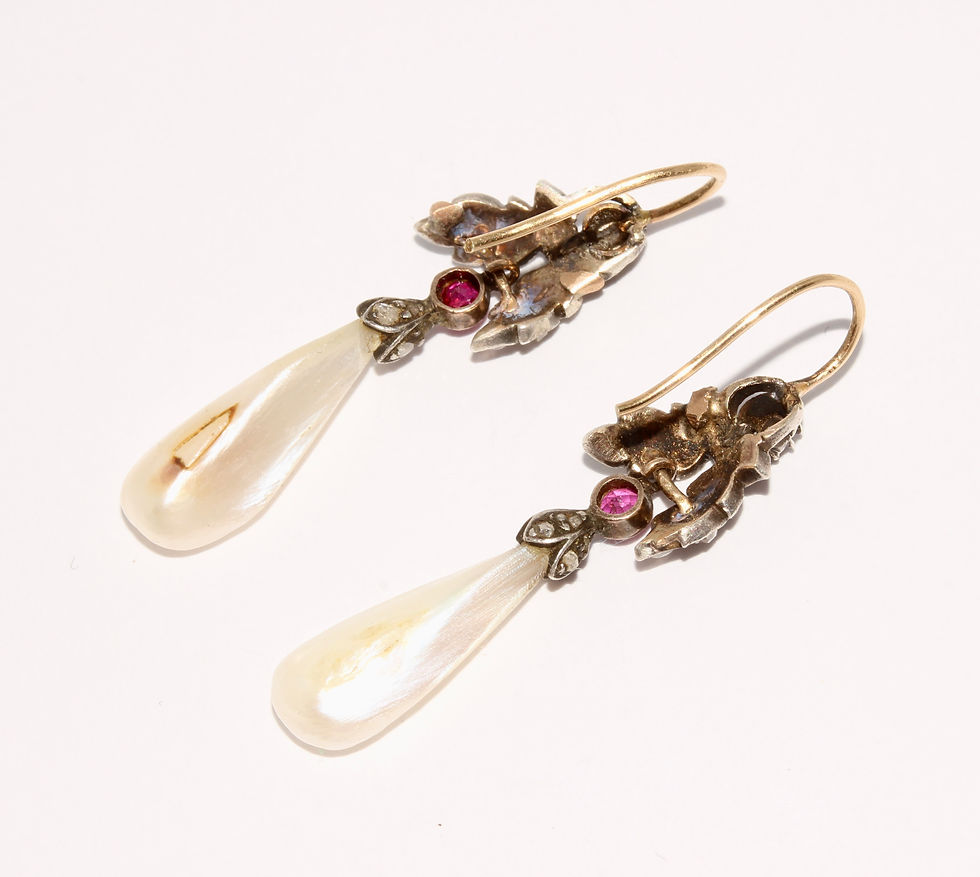 Thumbnail: Antique Victorian Oak Leaf Natural Mississippi River Pearl Ruby Diamond Earrings