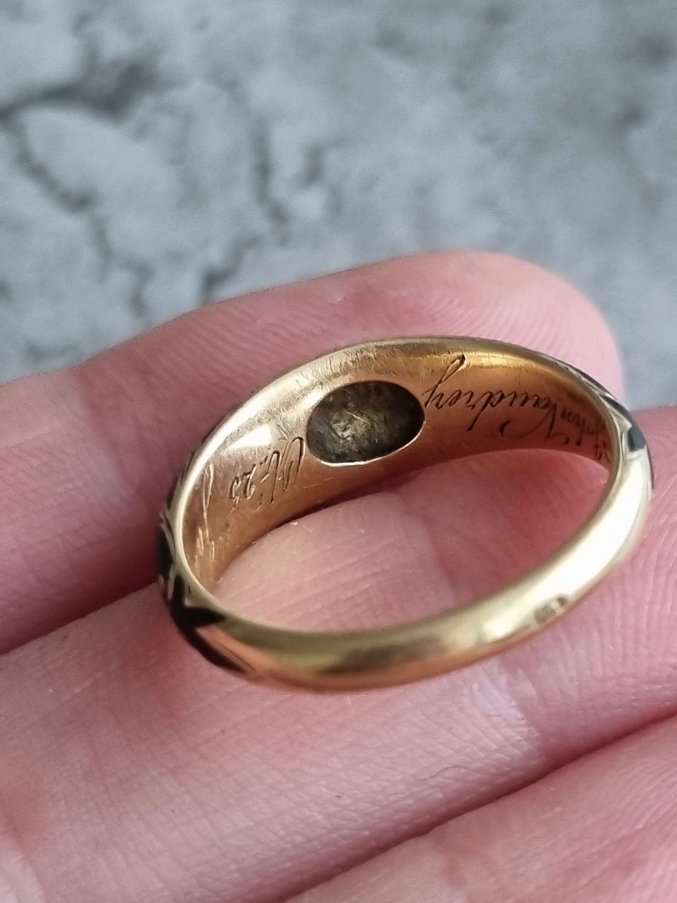Thumbnail: Antique Victorian Mourning Diamond Enamel Ribbon Ring Dated 1854