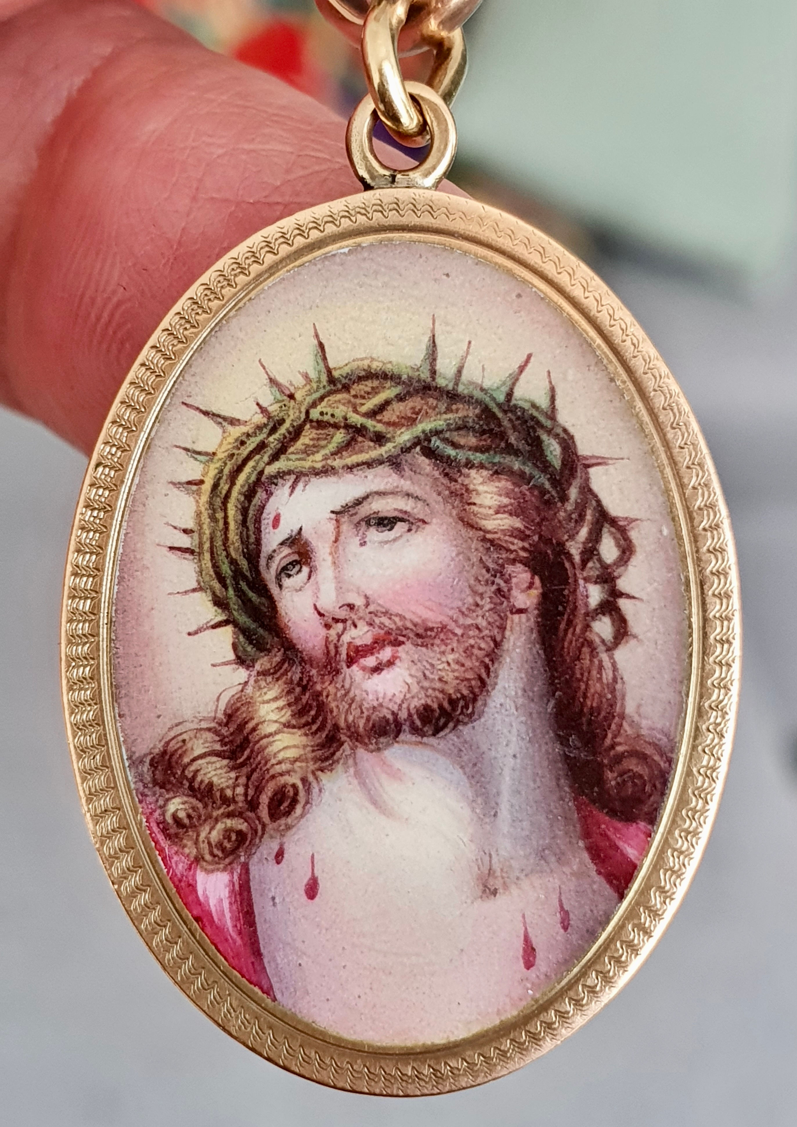 Antique Austro Hungarian Enamel Jesus Christ In Crown of Horns Religious Pendan