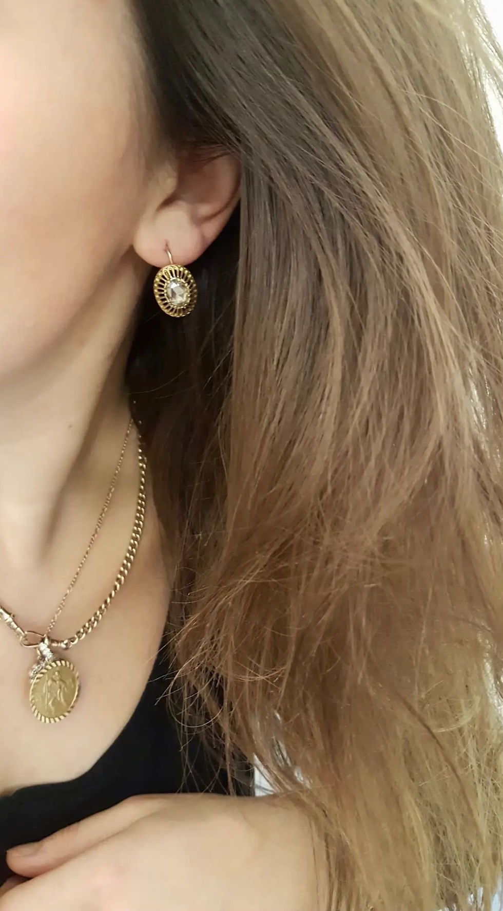 Thumbnail: Antique Austro-Hungarian Rose Cut Diamond Dormeuse Earrings