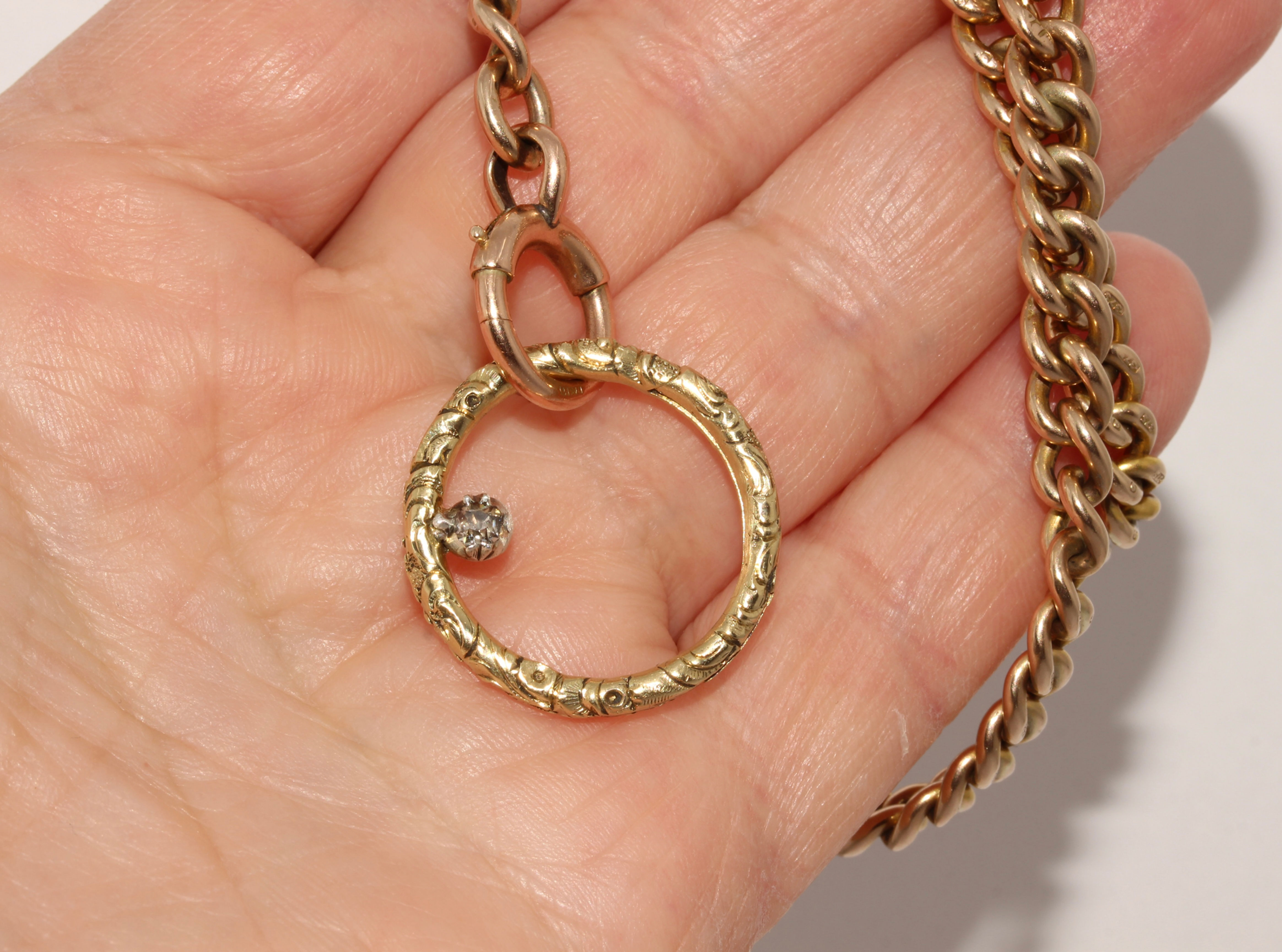 Antique Georgian 12K Gold Old Mine Cut Diamond Split Ring Chain Connector Extend