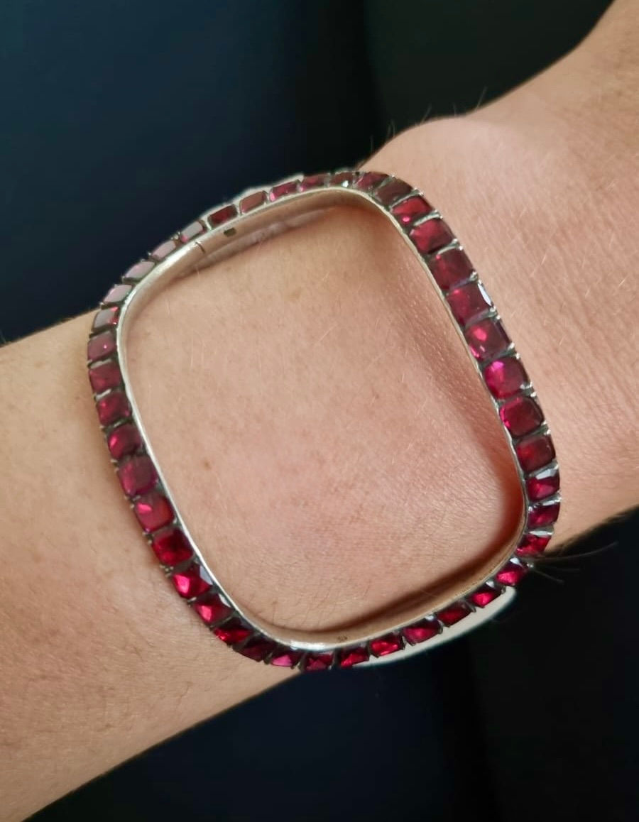 Thumbnail: Antique Georgian Garnet Buckle Conversion Cuff Bangle Bracelet