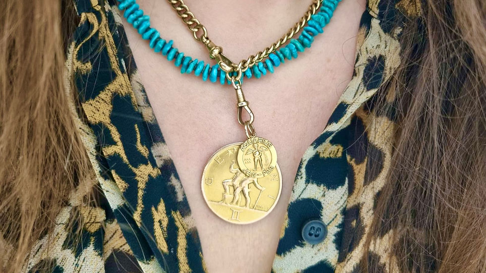 Thumbnail: Mid-Century English 9K Gold Aquarius Zodiac Pendant Charm Dated 1969