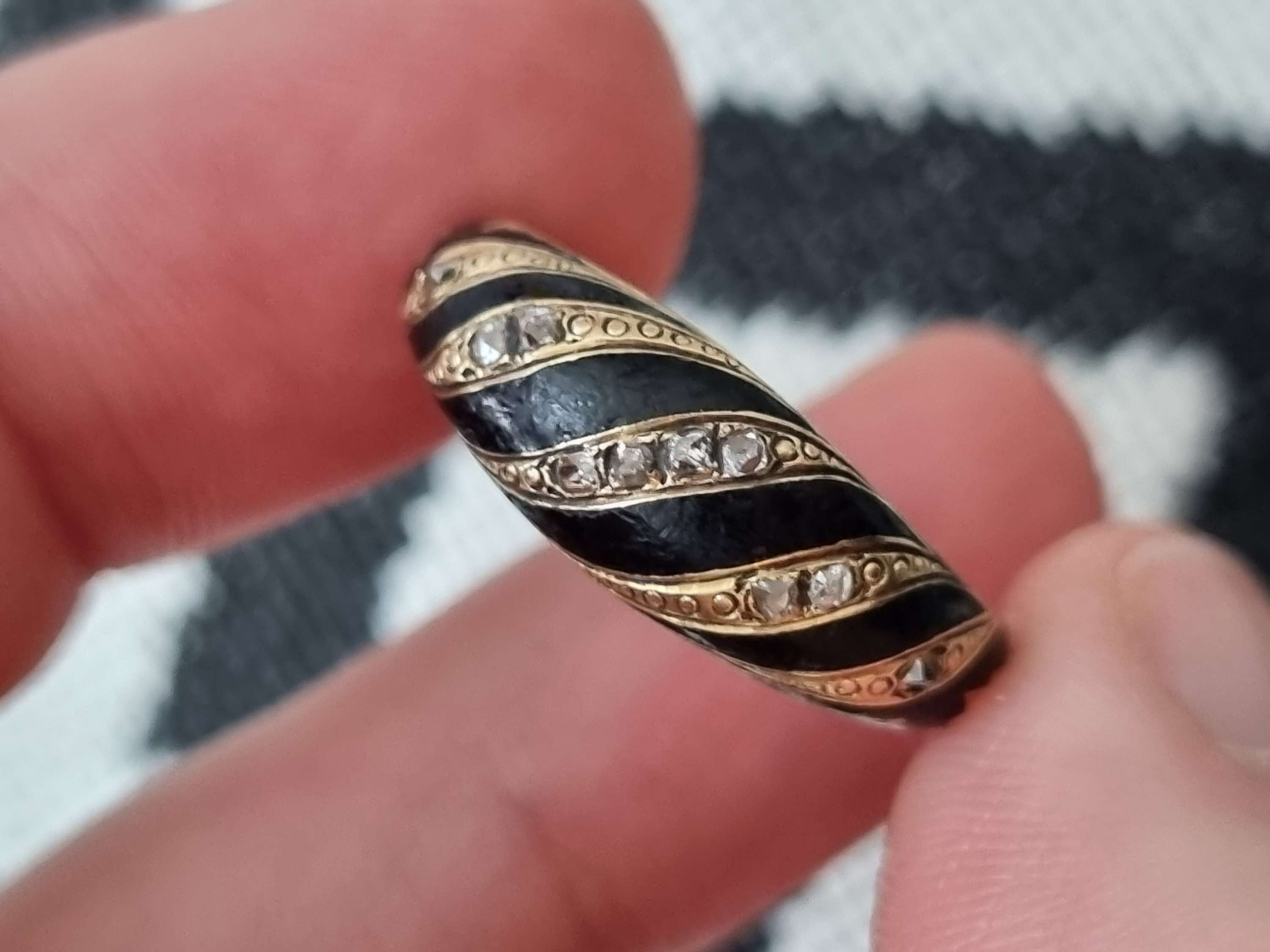 Antique Victorian Mourning Diamond Enamel Ribbon Ring Dated 1854