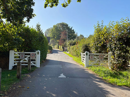 Rural lane with painted white gates either side