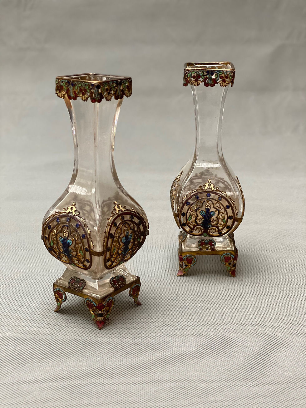 Thumbnail: A pair of French late 19th champleve enamel mounted glass vases