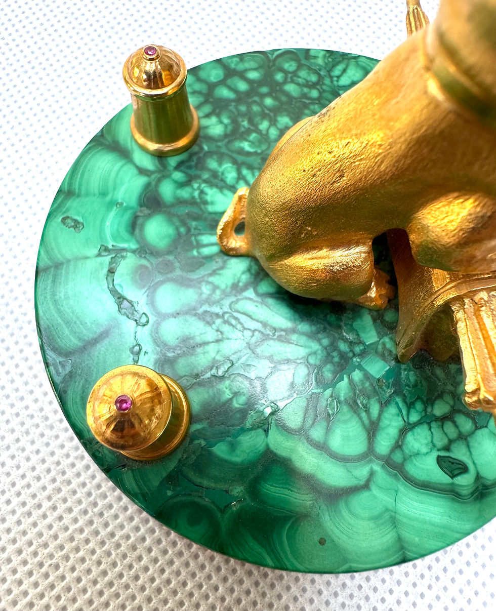 Thumbnail: Russia 19th Century Card Holder of A Dog In Gilt-bronze and Malachite