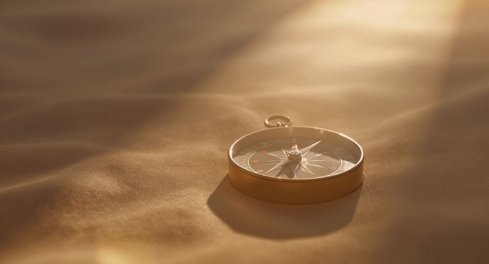 Kompass im warmen Licht auf sandigem Untergrund – Symbol für innere Ausrichtung und Orientierung.