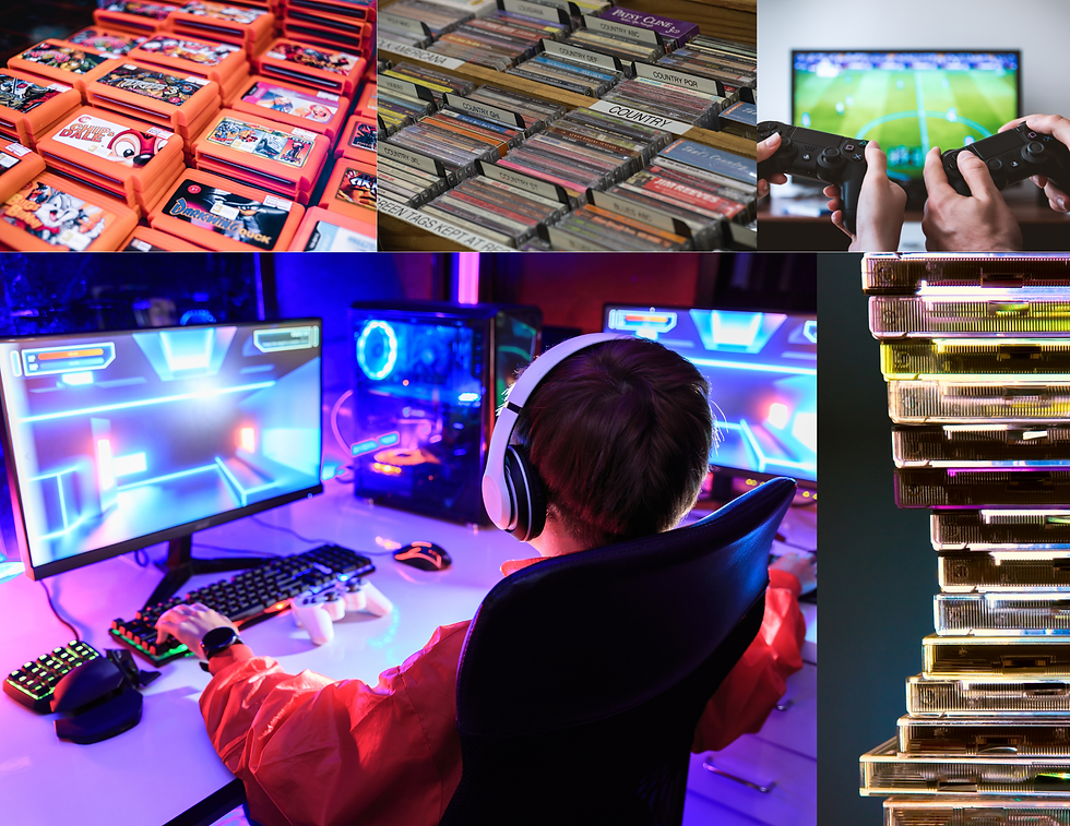 collage of images of gaming cartridges, cds, and boy at computer