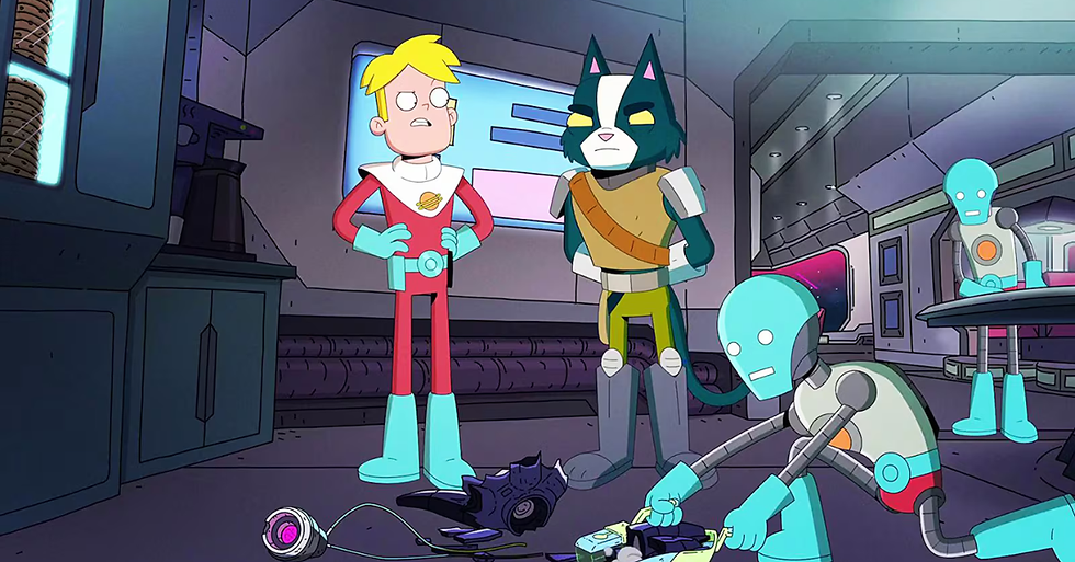 Male character with yellow hair and red spacesuit, cat-like alien, and robots in spaceship