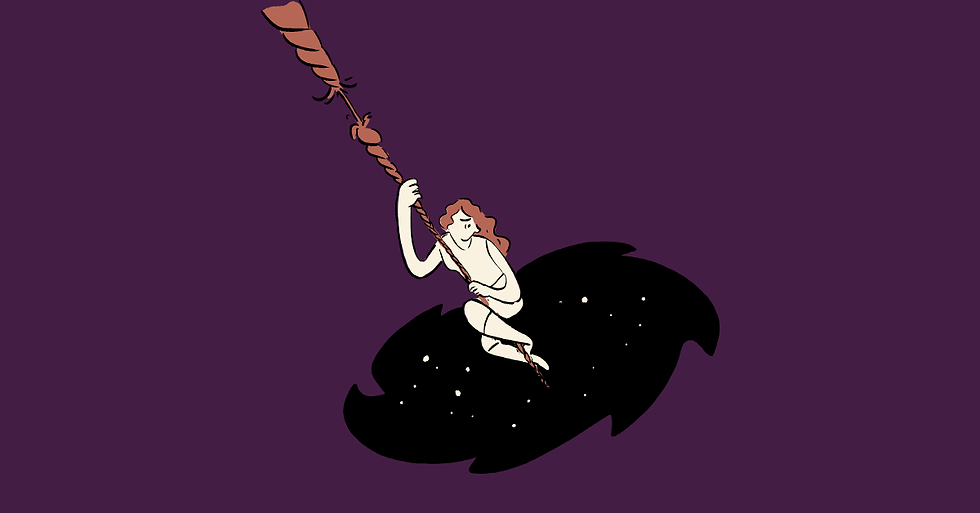 A person clinging to a rope above a dark void filled with stars, suggesting a struggle to hold on or stay afloat amid uncertainty or darkness.