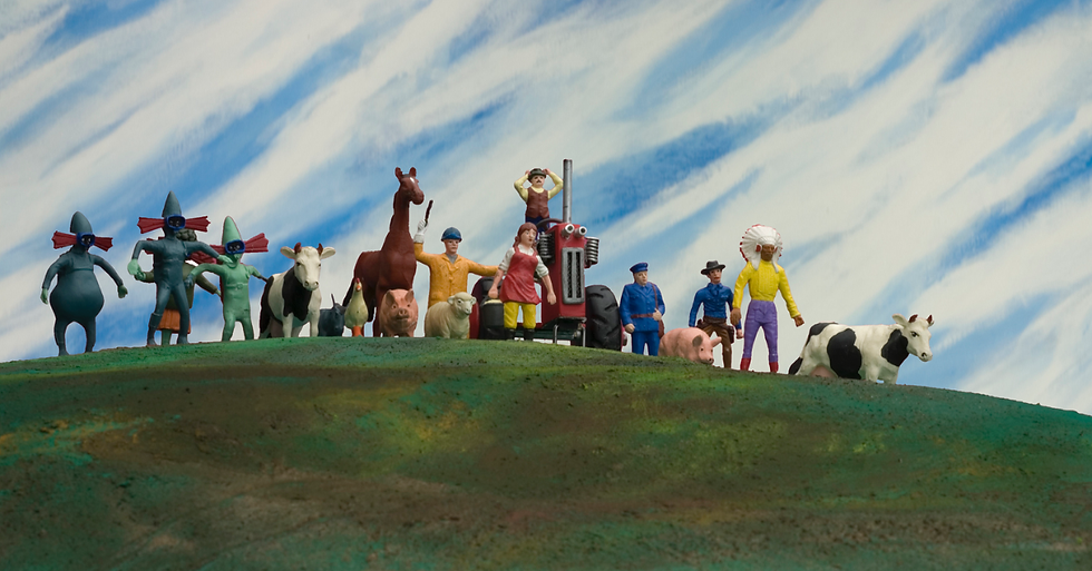 Scene from animation film A Town Called Panic (original title Panique au village), which features plastic toy characters