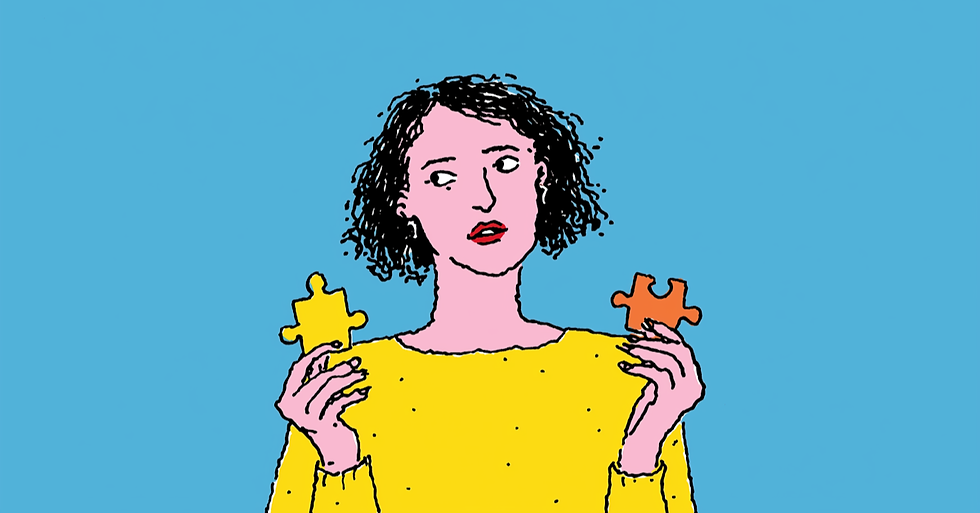 An illustrated woman holding two puzzle pieces, looking unsure of how they fit together.