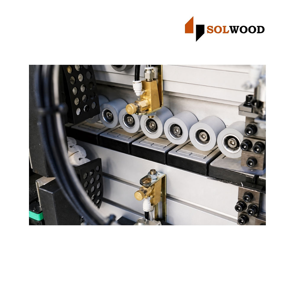 Thumbnail: Solwood automatic edge banding machine SK-768-WP pressure roller assembly with multi-wheel system for smooth edge finishing