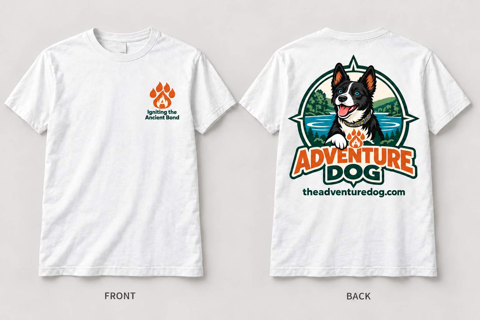 White Adventure Dog T-shirt, front and back, with paw-flame chest icon and large logo on the back