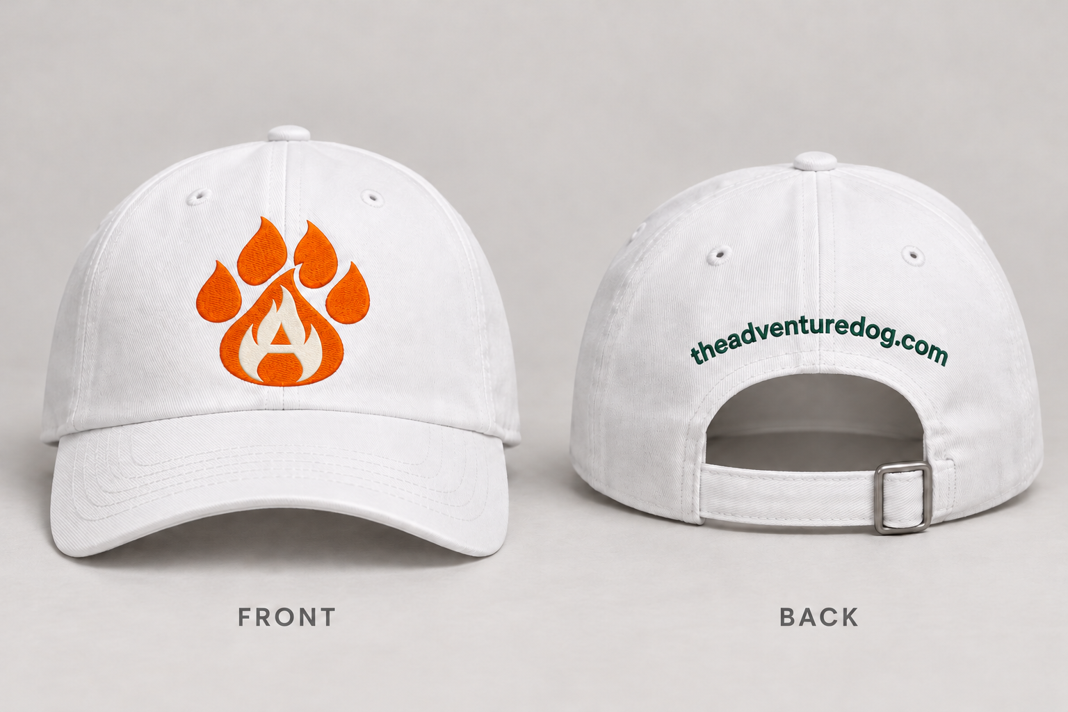 White Adventure Dog hat with orange paw-flame icon on the front and theadventuredog.com embroidered on the back