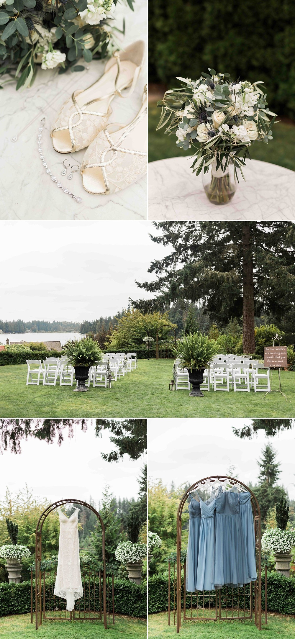 Bridal details and a photo of the ceremony area from a wedding at Green Gates at Flowing Lake, a wedding venue in Snohomish near Seattle, WA. | My Snohomish Wedding | Snohomish Wedding Planning