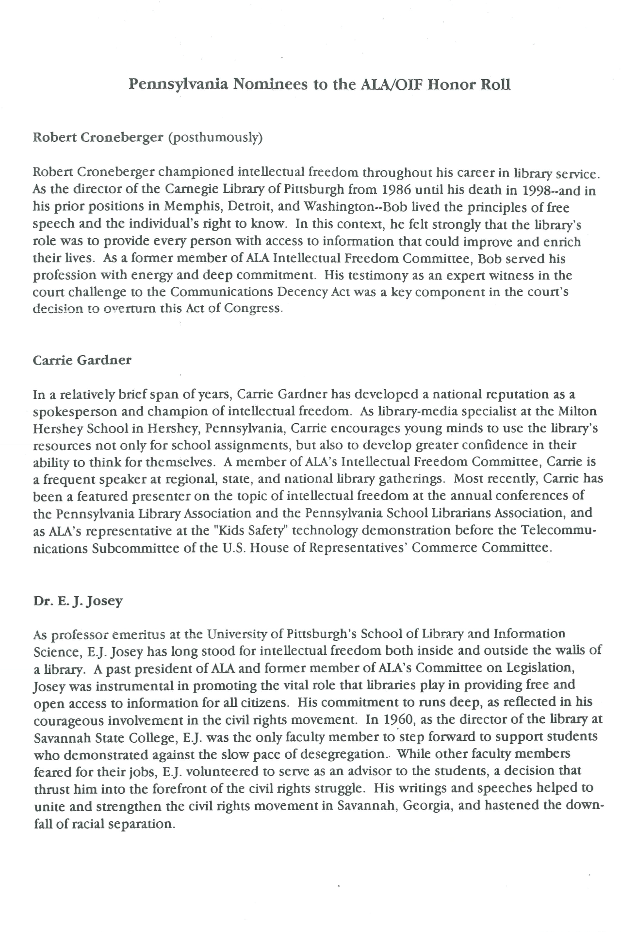 Dr. E. J. Josey Correspondence to W.