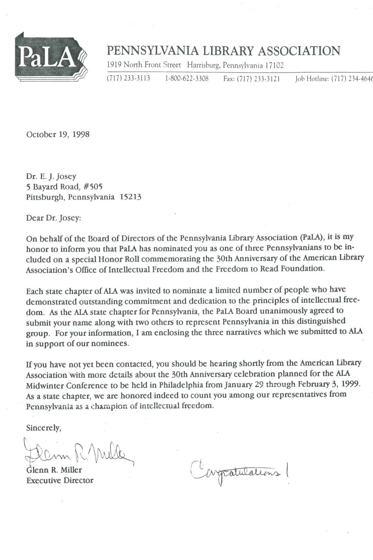 Dr. E. J. Josey Correspondence to W.