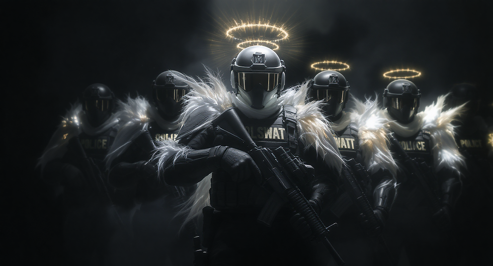 SWAT officers in dark gear with glowing halos, holding rifles. White feathers on uniforms. Text "POLICE" visible. Mysterious mood.