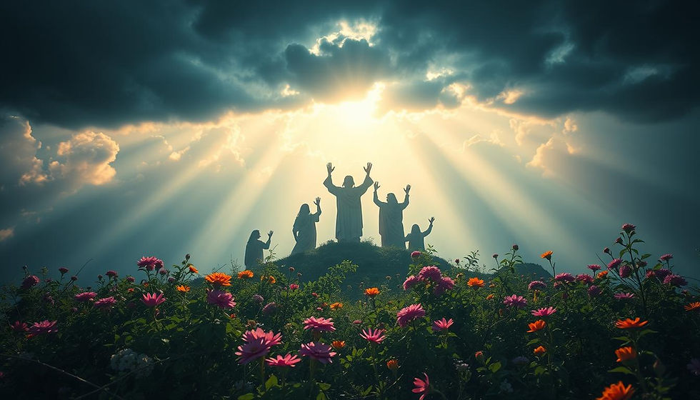 Silhouetted figures with raised arms stand on a hill under dramatic clouds. Sun rays pierce through, illuminating colorful wildflowers below.