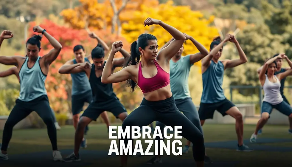Group exercise class outdoors; people in athletic wear striking energetic poses. Vibrant autumn trees in background. Text: "Embrace Amazing."